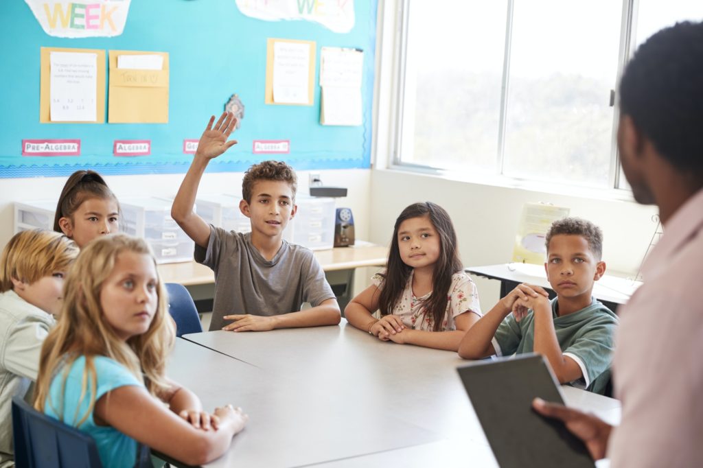 Schoolboy raising hand to answer in elementary school class